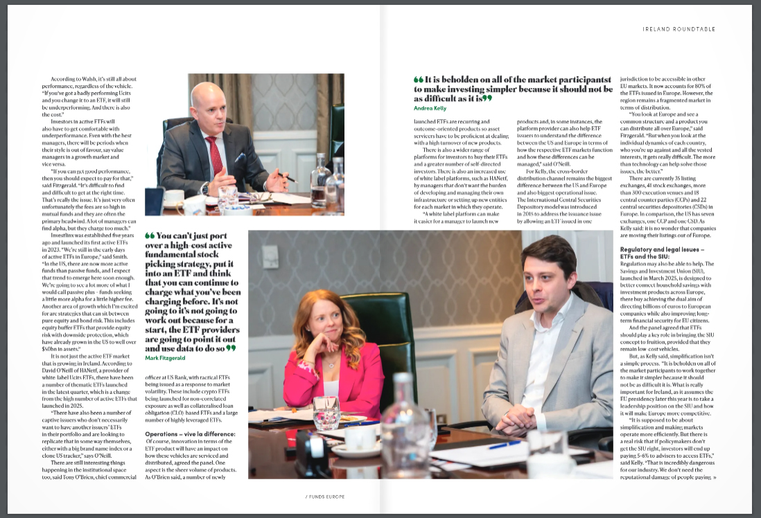 Funds Europe ETF roundtable spread — Andrea Kelly and Mark Fitzgerald — photographed by Jill O'Meara