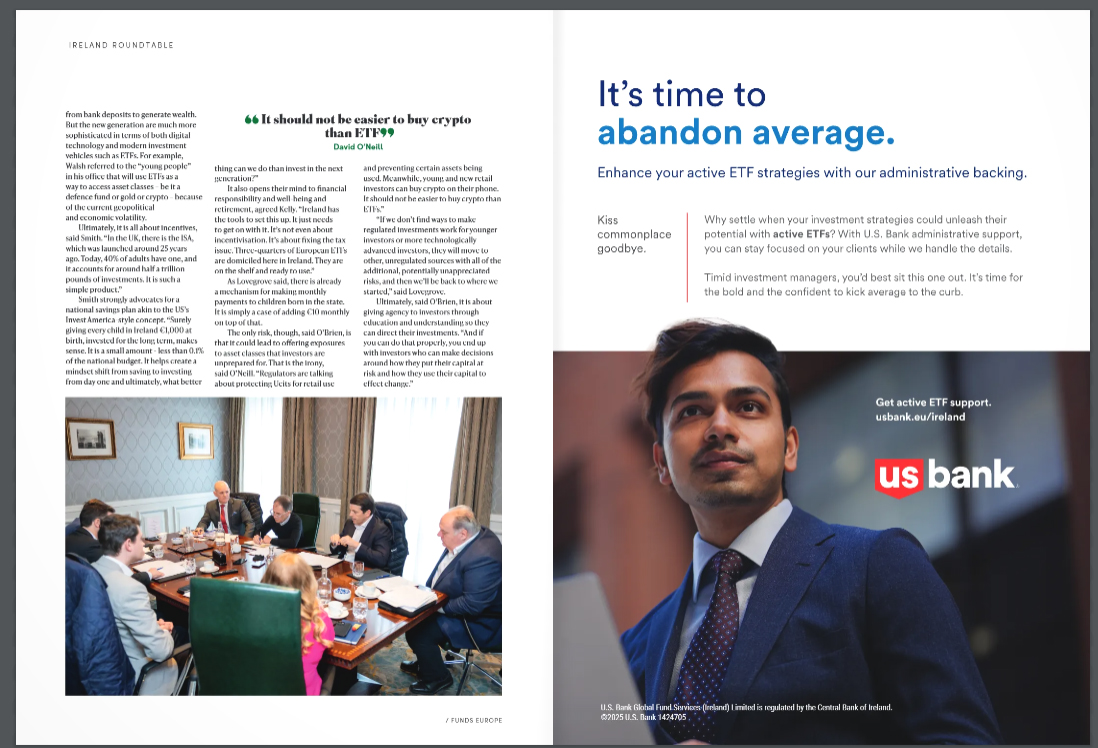 Funds Europe Ireland Roundtable closing spread — David O'Neill and U.S. Bank — photographed by Jill O'Meara