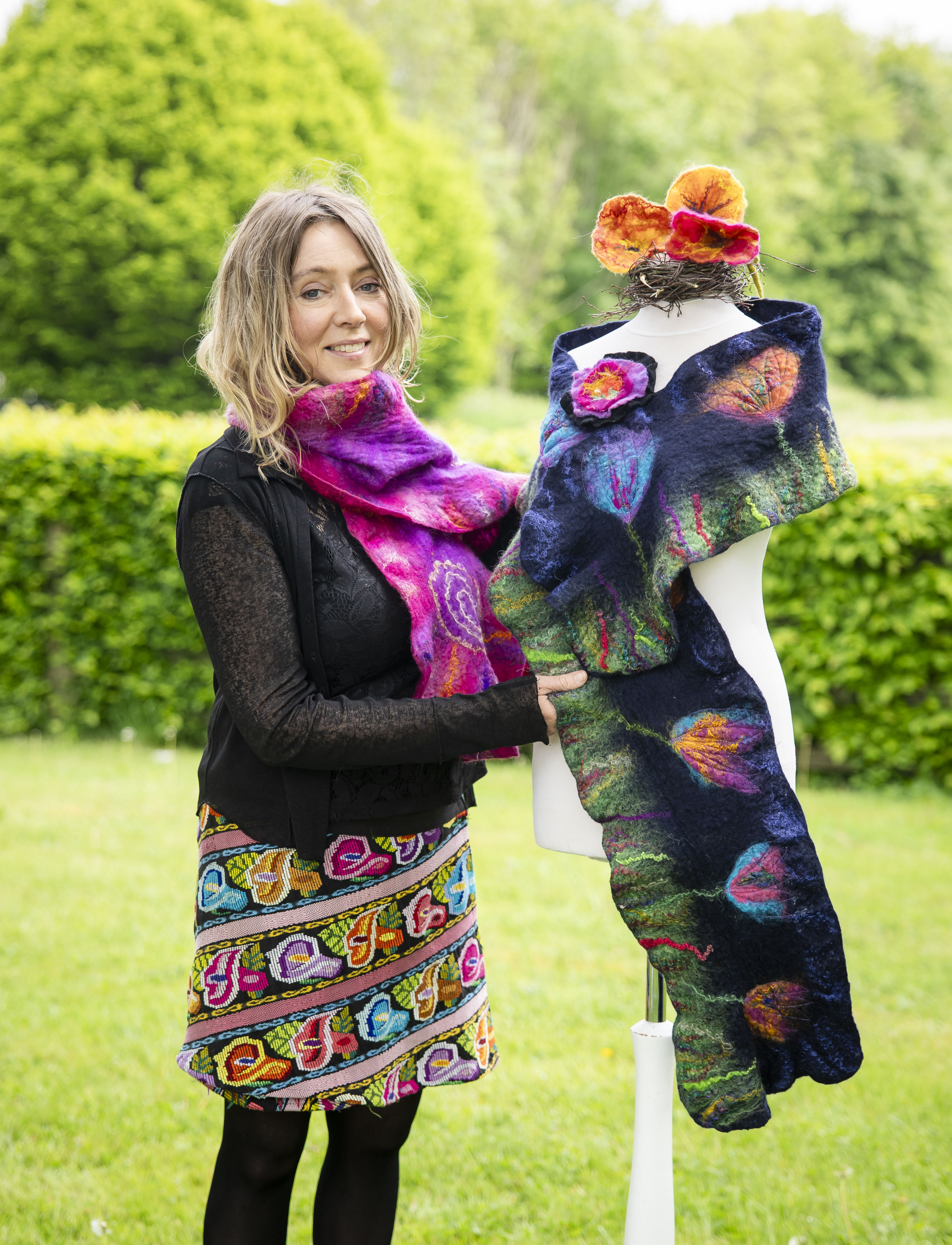 Meath Made campaign, Irish felt artist with handcrafted pink and navy felted scarves photographed for LEO Meath Bloom showcase, by Jill O'Meara