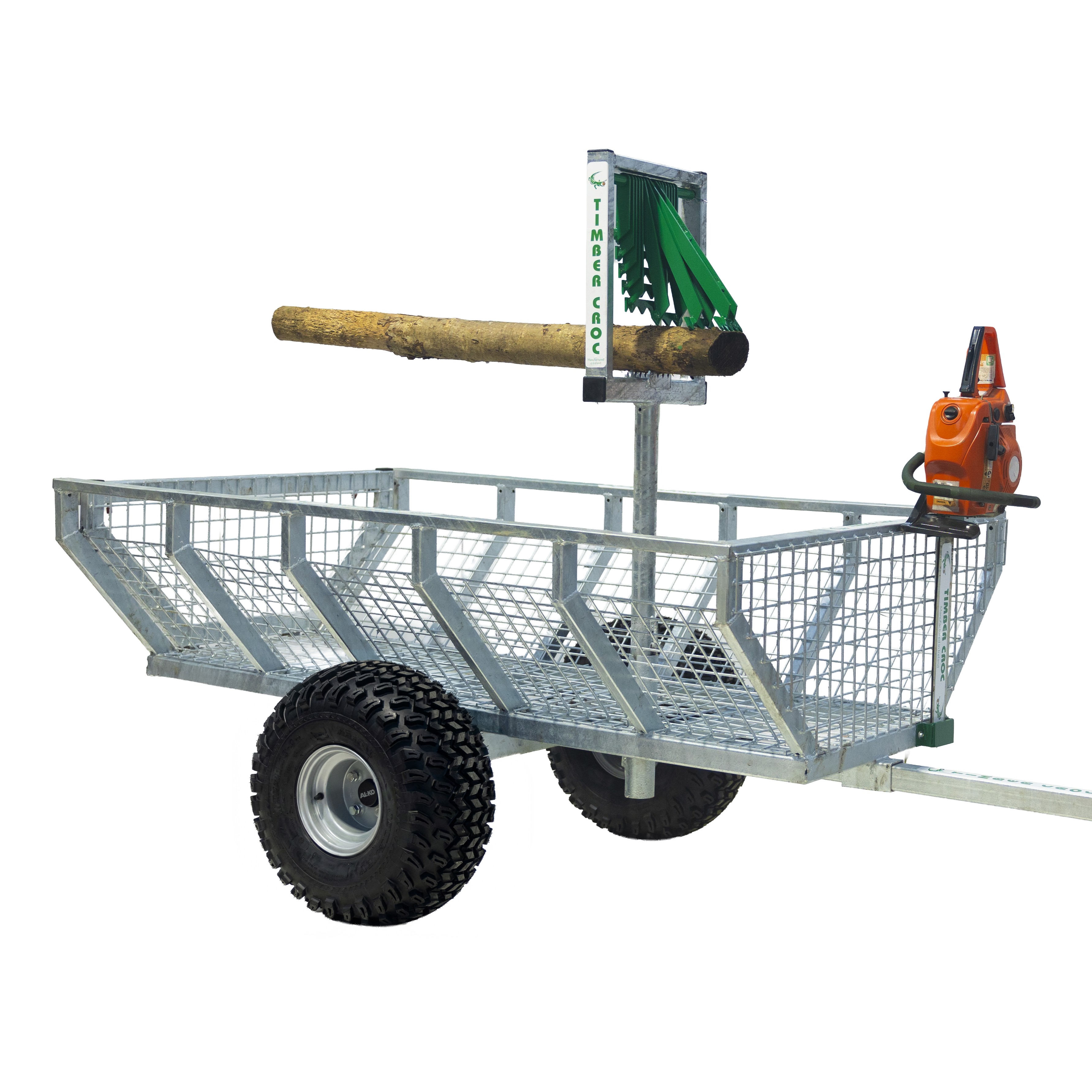 Timber Croc small green trailer with branding, Made in Ireland product photography