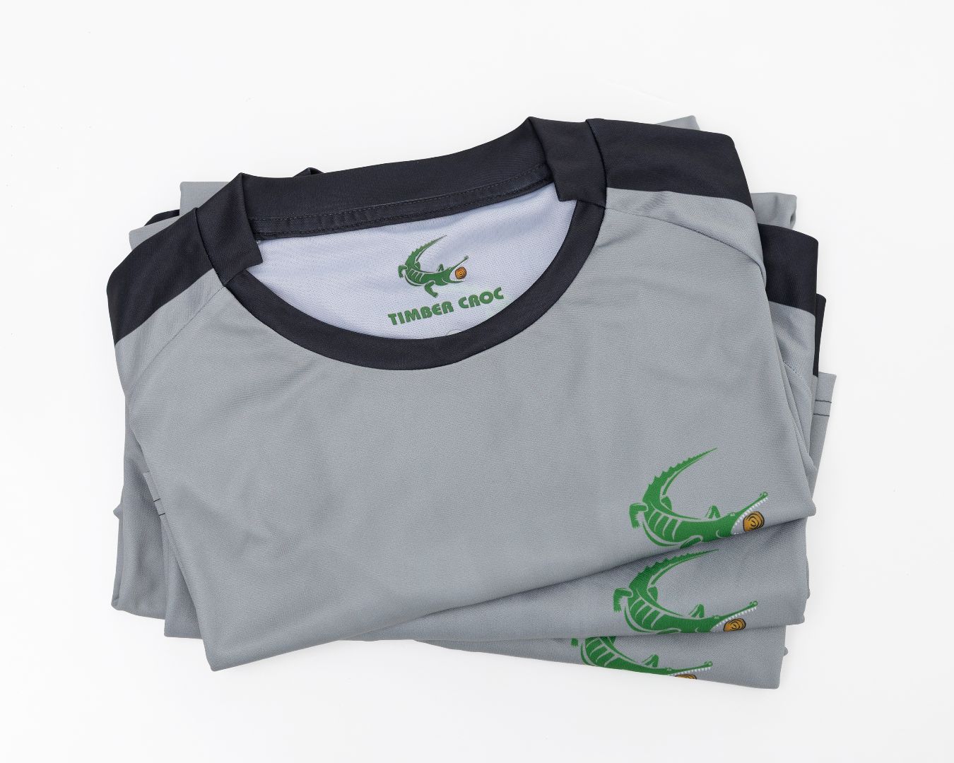 Timber Croc branded grey t-shirts product photography